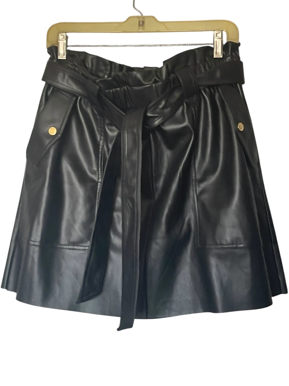 Black Faux Leather Paperbag Mini Skirt with Tie Belt